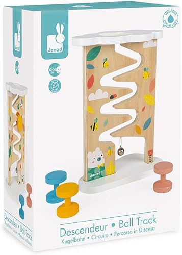 Miniatura 3 de Janod Pista de bolas de madera pura de 4 piezas con rodillos de madera de cerezo y campana a partir de 12 meses, un color (J05153)