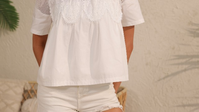 synound Women's Lace Flared Short Sleeve Blouse Lace Poplin