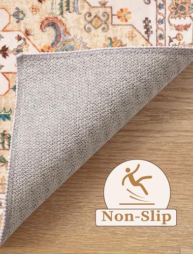 SERISSA Boho Washable Runner Rug, 2x6 Rug Runner Non-Slip Vintage Light Yellow Hallway Kitchen Runner Rug Ultra Soft Print Distressed Floor Carpet Runner for Bedroom Bathroom Laundry Living Room