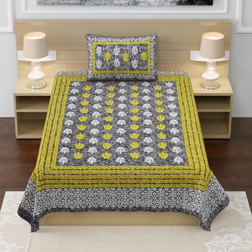 Image of RajasthaniKart Pure 100% Cotton Single Bed Sheet with 1 Pillow Cover (Bedsheet for Single Bed Cotton, Grey Small Booty)