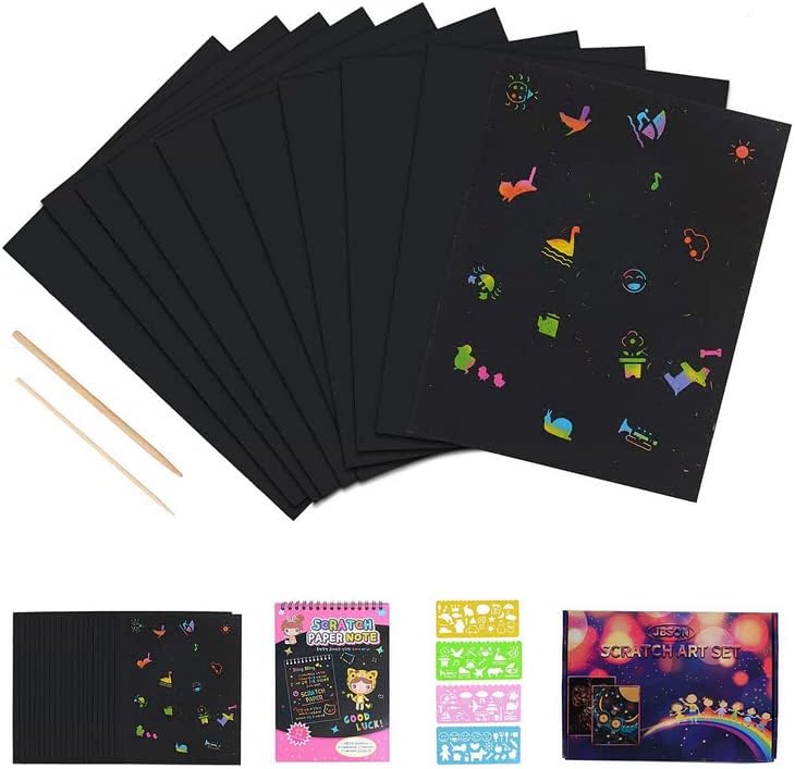 JBSON Scratch Paper, 50 Sheets Rainbow Scratch Paper Scratch Paper Combo Art Set Rainbow Art Doodle Pad Colorful with 4 Drawing Template Stencil Rulers and 5 Wooden Styluses