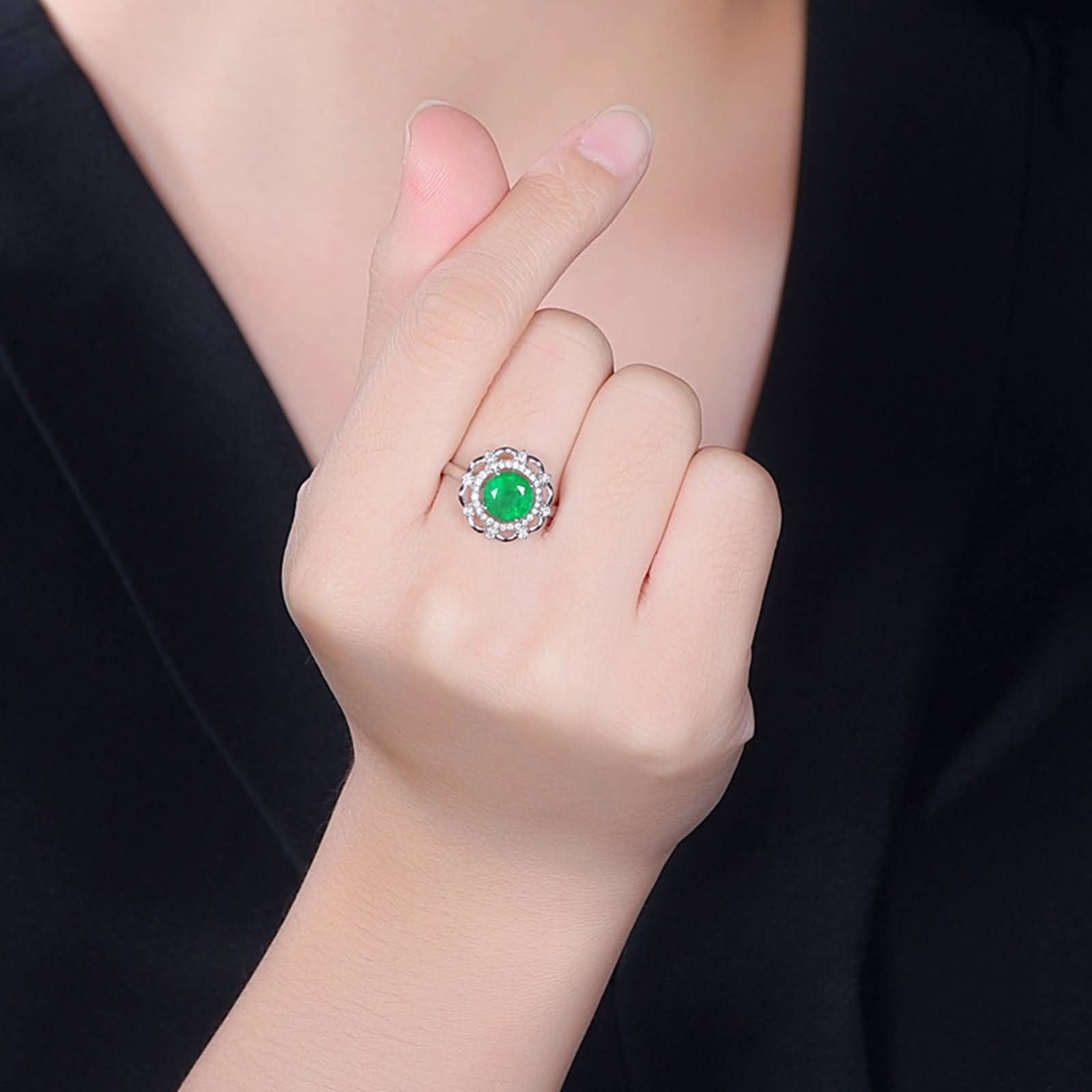 Anillos de boda para mujer, oro de 18 quilates/plata de ley 925, flor hueca con corte redondo de 1,4 quilates creado en laboratorio, anillo de compromiso de esmeralda, esmeralda sintética Cubic Zirconia