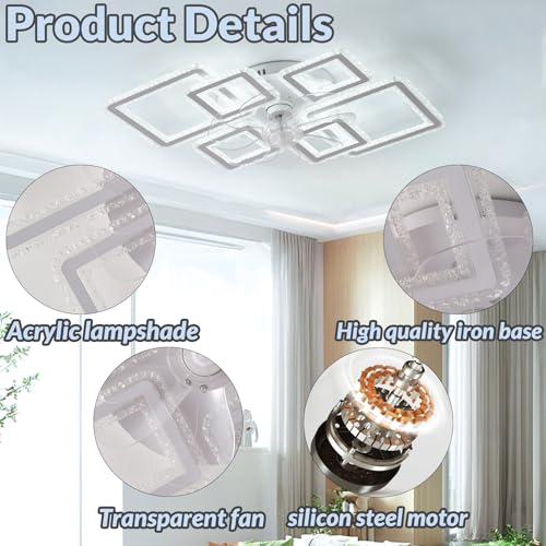 Plafonnier lumineux cristal blanc ventilateurs silencieux télécommande - 8