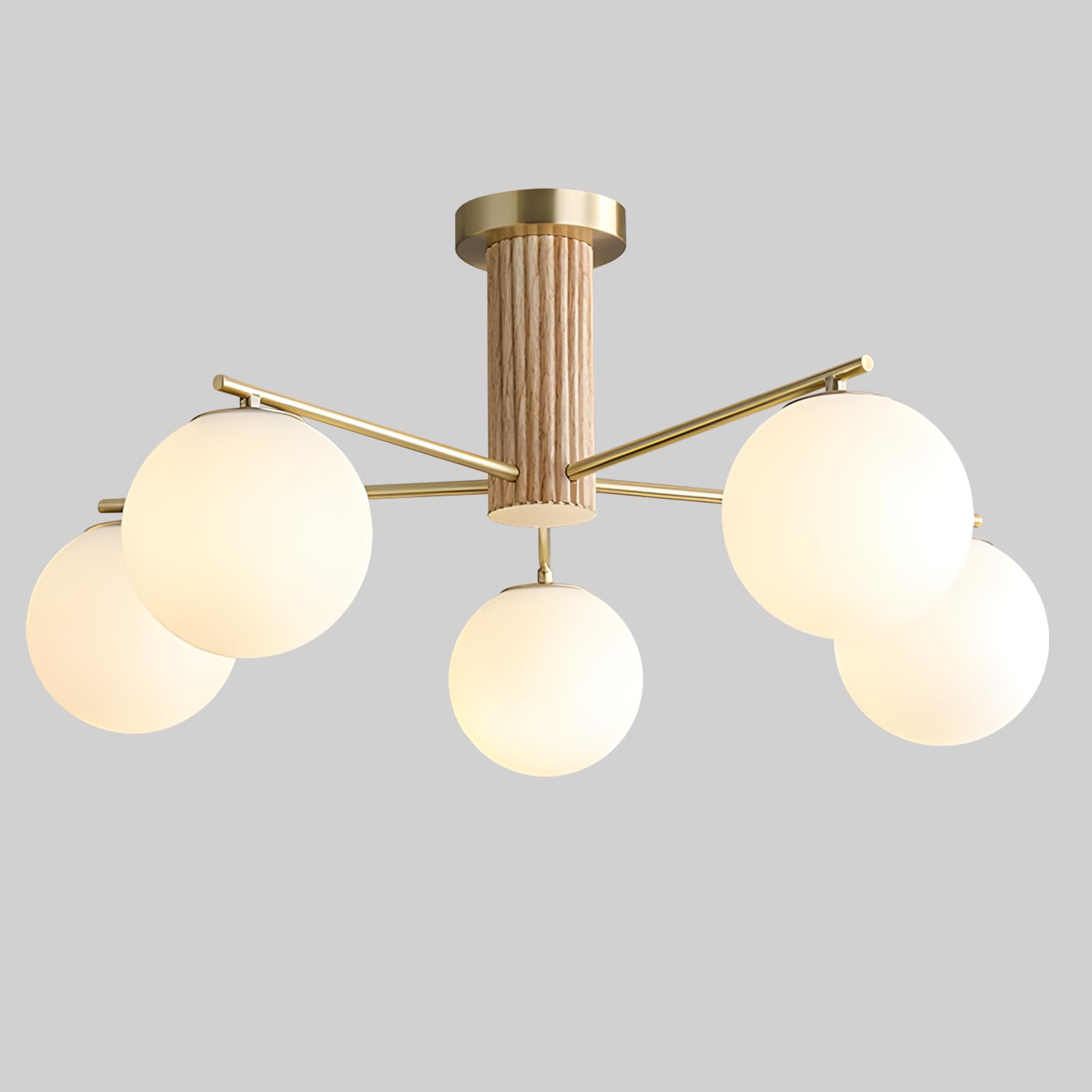 KCO Plafoniera Sputnik 5 Luci Mid-Century Moderna, Globi Vetro Bianco Latte Opaco, Legno Massello e Metallo Dorato, E27 Lampadine Incluse, Cucina Camera Soggiorno