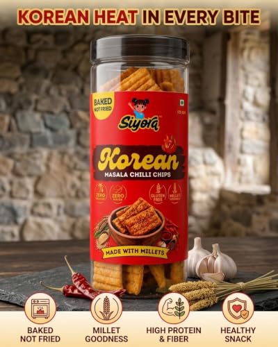 Image of SIYORA Korean Masala Chilli Chips | Made with Jowar & Foxtail Millet | Spicy Korean Flavour | Baked Multigrain Snack | No Maida, No Palm Oil, No Trans Fat | 125 g