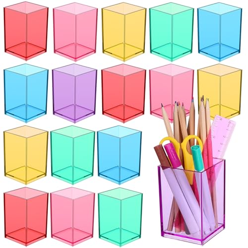 18 Pack Colorful Clear Acrylic Pen Holder Acrylic Square Pencil Organizer Rainbow Colors Pencil Holder Makeup Brush Holder Desk Pencil Cup Stationery Organizer for Desk Dorm Home Office Supply
