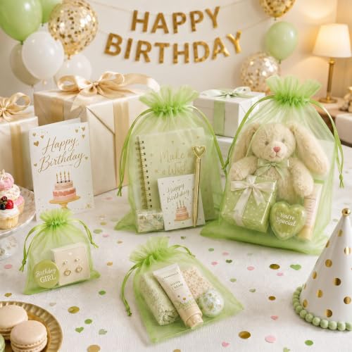 Image of FUNFERY 100PCS Apple Green Organza Gift Bags 5x7in,Drawstring Jewelry Pouch