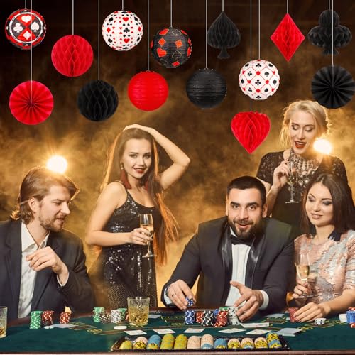 Image of Baquler 18 Pcs Casino Party Decoration 3D Poker Hanging Paper Lantern Red and Black Fans Honeycomb Ball for Las Vegas Game Casino Night Birthday Party Ceiling Decor Supplies