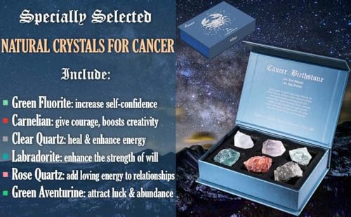 Faivykyd Cancer Zodiac Crystals Gifts for Women, 6 Zodiac Cancer Healing Stones w/ 50 Miracle Mantras Affirmation Cards, Spiritual Astrology Gifts for Promoting Positive Energy, Self-Care & Love