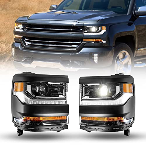 ROXX HID Projector Headlight Headlamps Assembly Compatible with 2016 2017 2018 2019 Chevy Silverado 1500 w / High Low Beam DRL Driver & Passenger Side (Black Frame / Clear Lens)