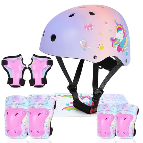 MHJY Casque Velo Enfant Casque Protection Trotinette Filles et Garçons Licorne Genouillères et...