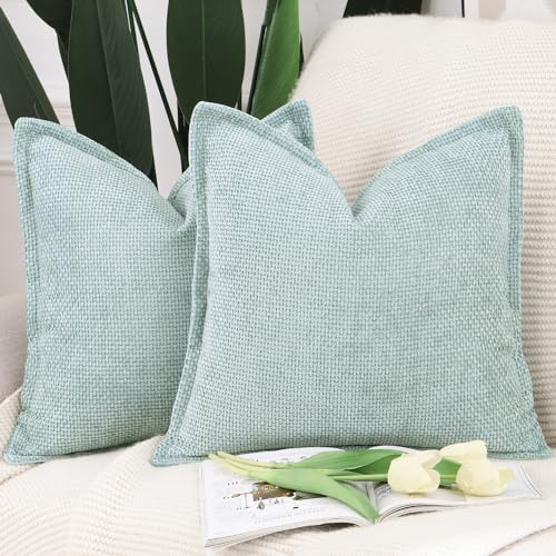 MADIZZ Decorative Chenille Velvet Throw Pillow Covers Set of 2 Soft Boho Textured Neutral Couch Throw Pillow for Bed Modern Farmhouse Home Decor for Sofa Livingroom Aqua Green 24x24 Inch Euro Sham by MADIZZ - Used condition - US$24.01