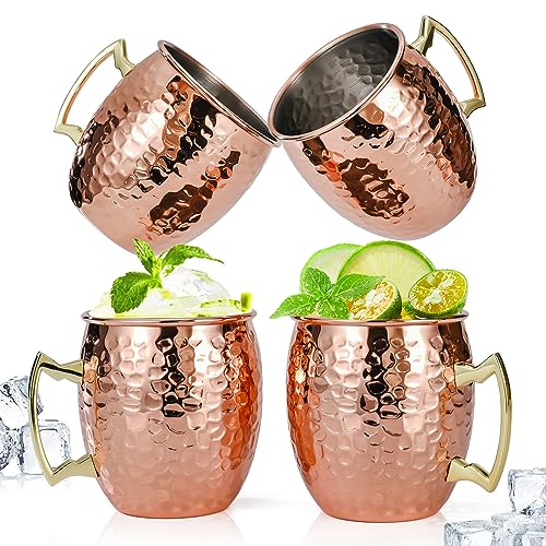 Comparison: Best Copper Moscow Mule Mugs 3 Amrules Moscow Mule Mugs Set of 4, 16 OZ Hammered Copper Cups with 304 Stainless Steel Lining and Gold Brass Handles, for Cold Drinks, Beer, Wine, Bars, Parties
