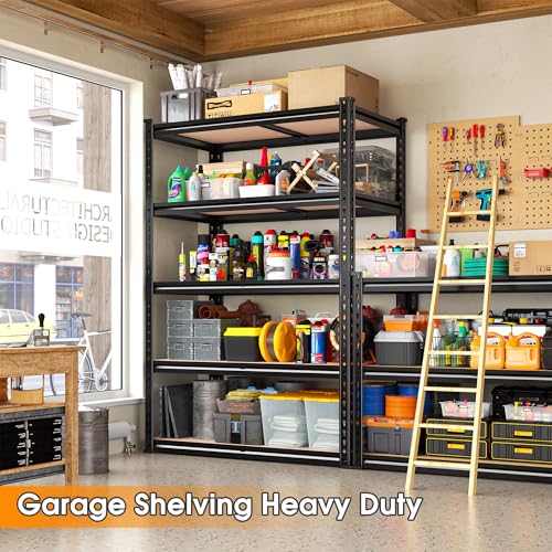 Image of 2000LBS Storage Shelves Heavy Duty,5-Tier Metal Shelving Unit for Pantry Garage Laundry Room,Adjustable Utility Storage Rack with Steel Frame & Thick MDF Boards,27.8 inchW x 12 inchD x 60 inchH, Black,2 Pack