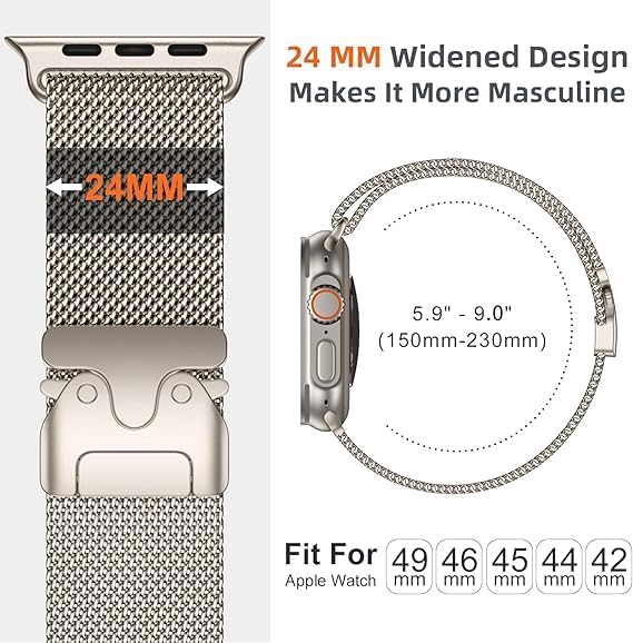 Image of GETSABLE Stainless Steel Mesh Loop Strap with Parachute-style Buckle Compatible with iwatch Ultra 2 /Ultra band 49mm, Series 10 46mm, 9 /8 /7 45mm, SE2 /SE /6 /5 /4 44mm, 3 /2 /1 42mm (Natural Titanium)