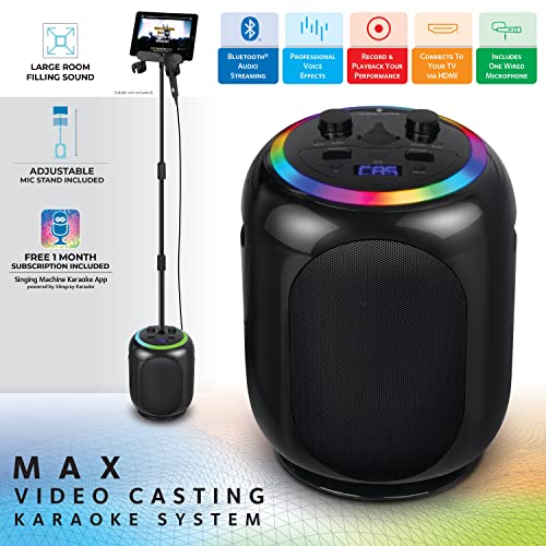 Image of Singing Machine SingCast MAX Bluetooth Video Casting Karaoke Machine, Party Speaker, Microphone, 22 Voice Effects, Pitch Correction, Lights, Stand, 35W Sound for PA System Function for Adults & Kids