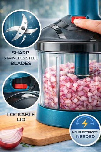 Image of YOUONE Push Chopper, 1000ml Capacity, Stainless Steel Blade, Transparent Container with Lock System, Green (Black)