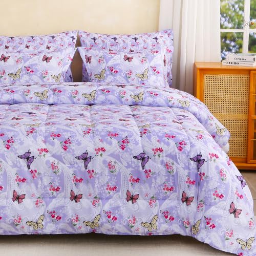 Image of lasoftan Floral Queen Comforter Set with Sheets, 7 piece Luxury Vintage Bedding, Soft Microfiber Bed in a Bag, Cozy Lightweight Bed Set, Lavender Butterfly