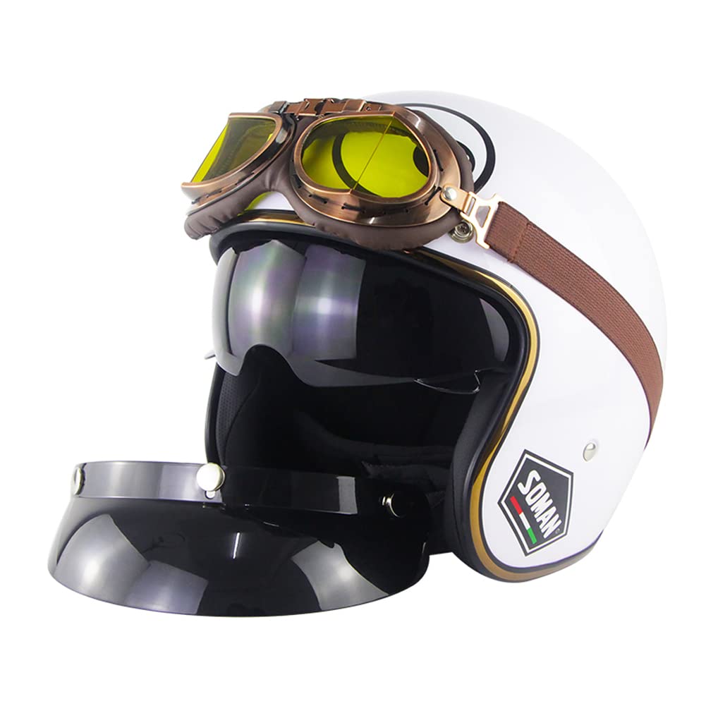 GJJGMGD Demi-Casque Jet de Rue de Style Vintage, Casque de Moto rétro 3/4 à Face Ouverte avec Double Pare-Soleil approuvé Dot/ECE Casque léger de Scooter électrique pour Cruiser Chopper cyclomoteur