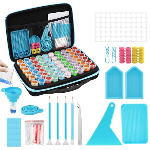 Csuntikulo Cajas de accesorios de pintura de diamantes 5D,60 compartimentos,caja de almacenamiento con embudo,pinzas,pegatinas,organizador para cuadros de diamantes,semillas,joyas,perlas de estrás,