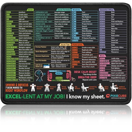 Mouse Pad with Excel/PowerPoint/Word/Windows Shortcuts - Small Excel Cheat Sheet Desk Pad| PC Spreadsheet Keyboard Mat| Office, Gaming, Waterproof, Non-Slip Stitched Edge Mouse Pad