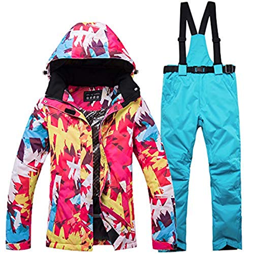 REWANGOING Women's Ski Bib Suit Jacket Waterproof Snowboard Colorful Printed Ski Jacket and Pants Set L