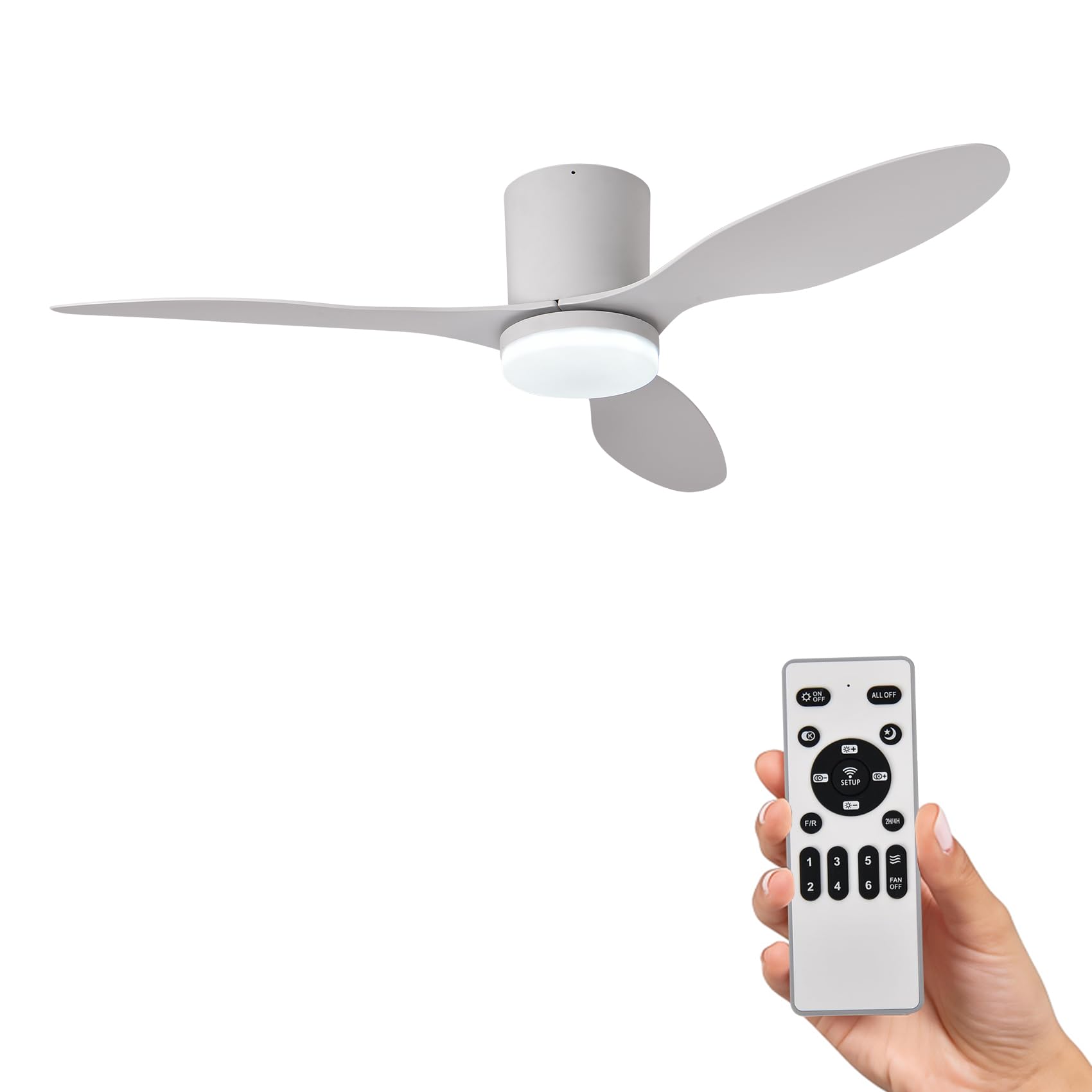 Ventilatore da Soffitto con Luce e Telecomando 106cm (42"), Motore DC Silenzioso, 3 Pale in ABS Effetto Legno, Luce LED Dimmerabile CCT, Basso Consumo per Camera da Letto e Soggiorno, (bianco）