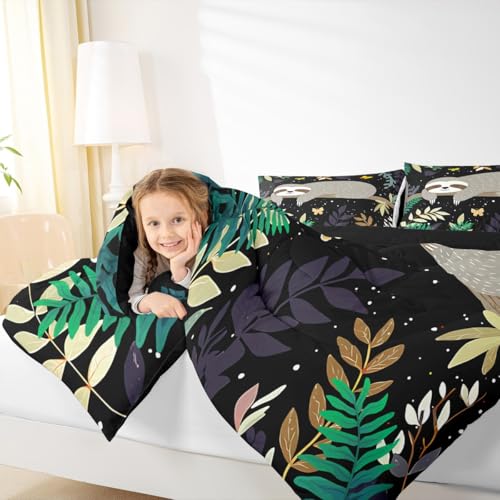 Image of Feelyou Sloth Comforter Cute Sloth Bedding Set Toddler Size for Kids Boys Girls Galaxy Butterfly Comforter Set Botanical Leaves Inner Fill Duvet Set 1 Comforter Set with 1 Pillowcase