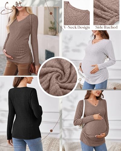 Ficerd Umstandsshirts 3-teilig Langarm Schwangerschaftskleidung V-Ausschnitt Gerippte Passform Mama-Pullover Thermo-Oberteile(Braun, Hellgrau, Schwarz,XL)