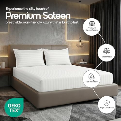 Image of LINENWALAS Cotton 300 TC Fitted Bed Sheet for King Size Bed | Signature 2 CM Sateen Stripe Design |All-Around Elastic for 4-8 Inch Mattresses | Luxury Hotel-Style Bedding (72 x 78, White)
