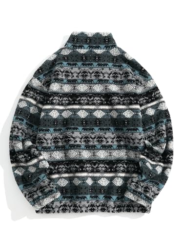 Image of ZAFUL Men 1 /4 Zipper Ethnic Aztec Fleece Unisex Winter Sweatshirt Tops 2026 | Funnel Neck Fluffy Polar Fleece Faux Sherpa Soft Thermal Pullover Kangaroo Pocket Jacket Hoodie Tops