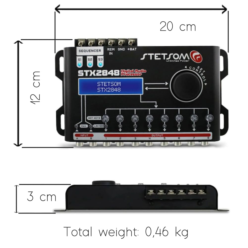 1 Stetson STX2848 procesador de Audio Digital de 8 Canales, Pantalla LCD, 2 entradas de Audio, 8 Salidas Independientes, para Auto Coche, 1 Pieza