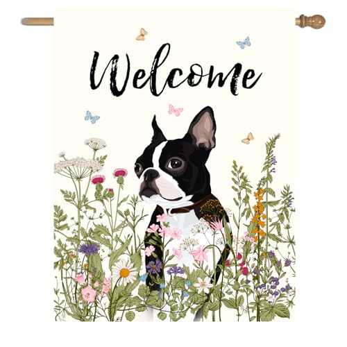 DZGlobal Floral Boston Terrier Garden Flag 28 x 40 Double Sided Multicolored Flower Dog Yard Flag for Outdoor Welcome