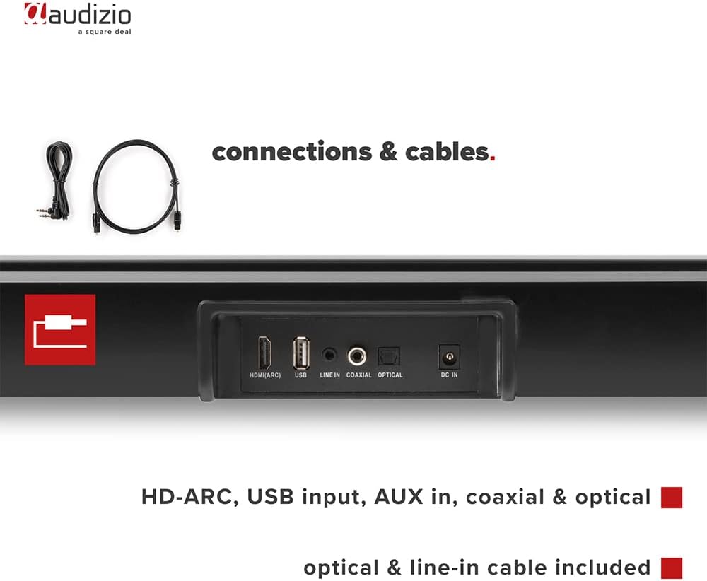 Bak view of the Audizio SB85 Soundbar showing various connection ports: HDMI (ARC), USB, Line In, Coaxial, and Optical. Includes optical and line-in cables.