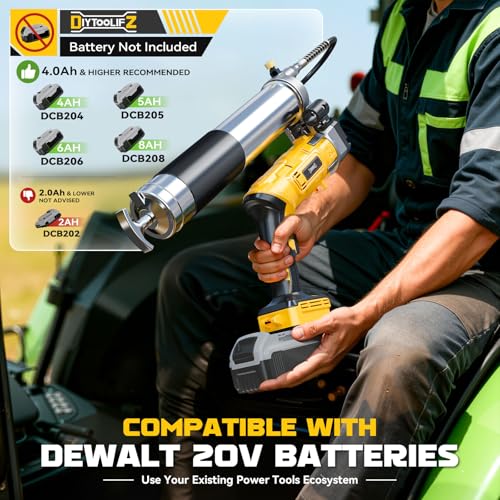 Image of DIYtoolifz Cordless Grease Gun Compatible with DeWalt 20V Battery, 12000PSI High-Pressure with 2-in-1 Rotating Handle, 39.4 inch Hose & 4 Couplers for Bulk & Cartridge Grease (Tool Only)