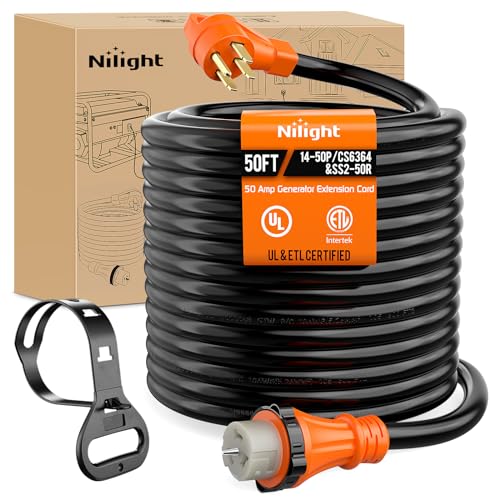 Image of Nilight 50 Amp 50FT Generator Extension Cord 250V Heavy Duty 6 /3+8 /1 Gauge Pure Copper STW Wire ETL Listed 4 Prong 14-50P SS2-50R&CS6364 50F /50M Cable Suit for RV Home Use