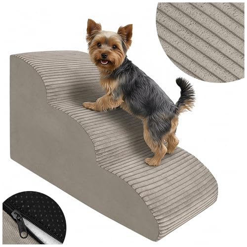 Hundetreppe 3 Stufen - 60 x 30 x 40 cm - rutschfest Weich für Kleine Hunde Haustiertreppe Stabil Sicher Komfortabel – Hergestellt in Polen (Streifen Beige)