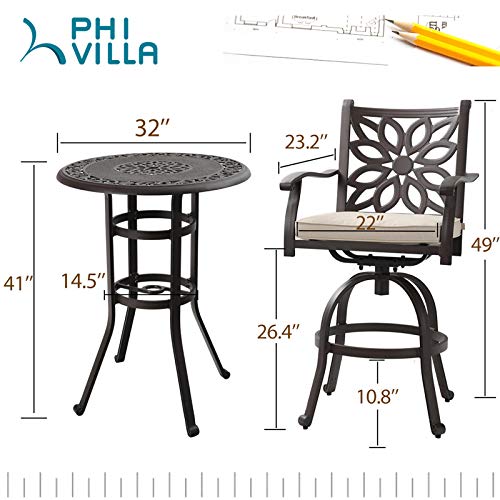 Phi Villa Bar Height Patio Furniture Set 3 Pcs, Cast Aluminum Outdoor High Top Table And Chairs, Pub Height Bistro Set With 2 Swivel Bar Stools With Cushion And 1 Patio Bar Table #TOP5