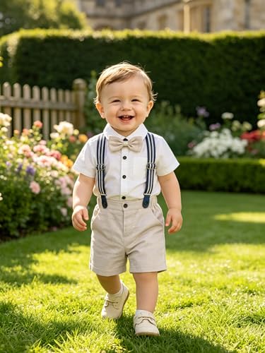 Image of Volunboy Baby Boy Formal Short Set Toddler Summer Gentleman Outfit Kid Short Sleeve Bowtie Shirt Suspender Shorts Suit