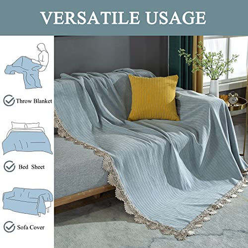 Dreamingo Light Blue Striped Couch Cover For Loveseat Pet Couch Cover Protector For Dogs Cats Washable Chenille Couch Covers With Lace Edge For Living Room L Shape Sectional Couch, 71"X118" #TOP6