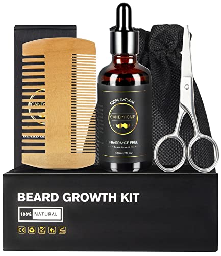 Beard Growth Kit with Beard Oil Beard Comb Beard Scissors, Beard Grooming Kit Valentine's Day Gifts for Him Men Husband Boyfriend Patchy Facial Hair Growth, Stimulate Beard and Hair Growth Healthier