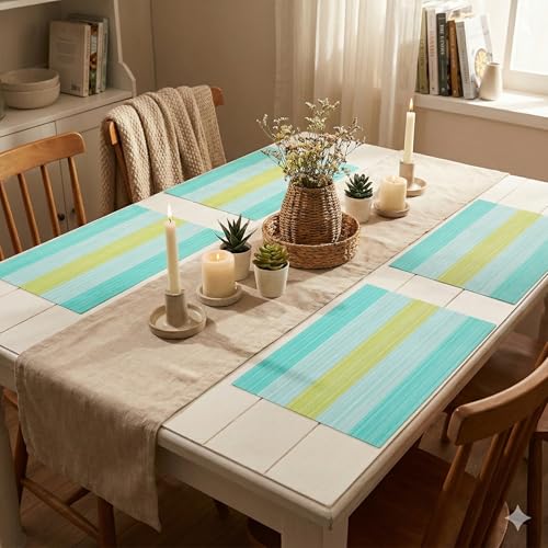Image of YELONA Placemats Set of 4, Heat-Resistant Woven Vinyl Table Mats, Non-Slip & Washable Dining Tablemats for Kitchen & Dinner Decor, Light Blue (45cm x 30cm)