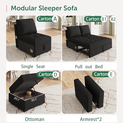 Image of HONBAY Modular Sectional Sleeper Sofa with Pull Out Bed, L Shaped Couch with Storage Seat Sectional Couches for Living Room,Velvet Black
