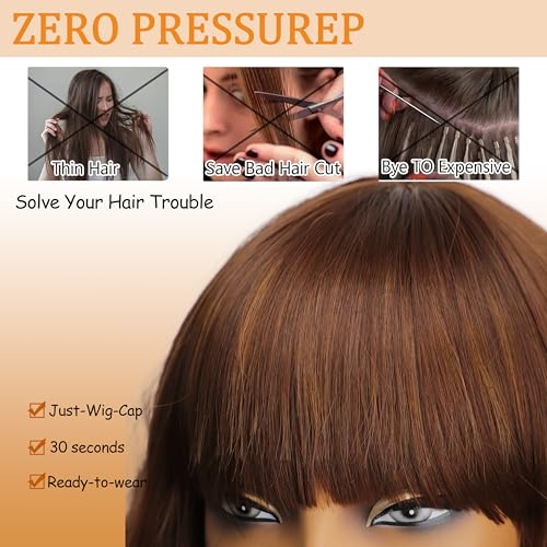 Image of Nnzes Short Wavy Bob Wig with Bangs for Women Shoulder Length Curly Soft Chestnut Caramel Mix Synthetic Heat-Resistant Fiber Hair for Daily & Party Use