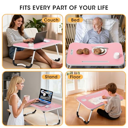 Image of Folding Lap Desk, 23.6 Inch Wood Laptop Bed Desk with Cup Holder, Portable Bed Table for Working Writing Reading & Eating for Bed, Sofa, Couch, Floor - Pink