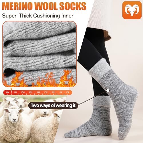 Image of EBMORE 5 Pairs Women Merino Wool Boot Socks Warm Thermal Winter Thick Hiking Cozy Cabin Crew Comfy Socks for Ladies