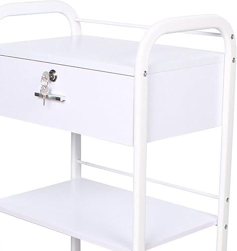 Miniatura 8 de Carrito utilitario rodante de 3 niveles con ruedas, carrito de esteticista móvil blanco con un solo cajón con bloqueo, carrito de servicio médico