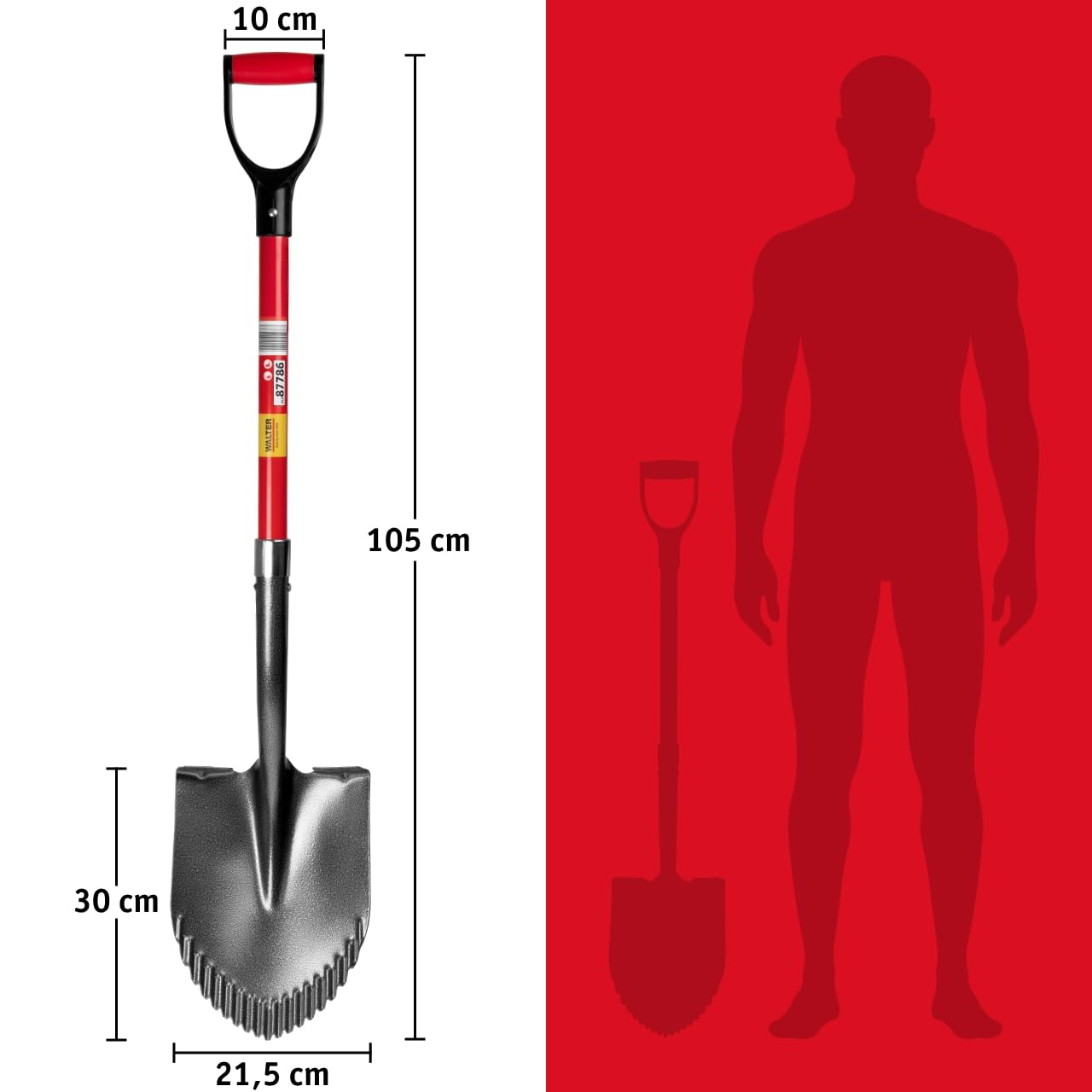 WALTER Professional Gartenspaten- Robuster Glasfaserstiel, Antirutschgriff, langlebiger Kohlenstoffstahl, gehärtete und gezahnte Schneide für Harte und steinige Böden, Kombispaten