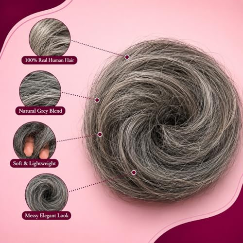 Image of Messy Bun Scrunchie Hair Extension for Women & Girls - 100% Natural Real Human Hair Juda | Hair Bun Accessories for Women - Trendy Messy Hair Look, Grey (30g)