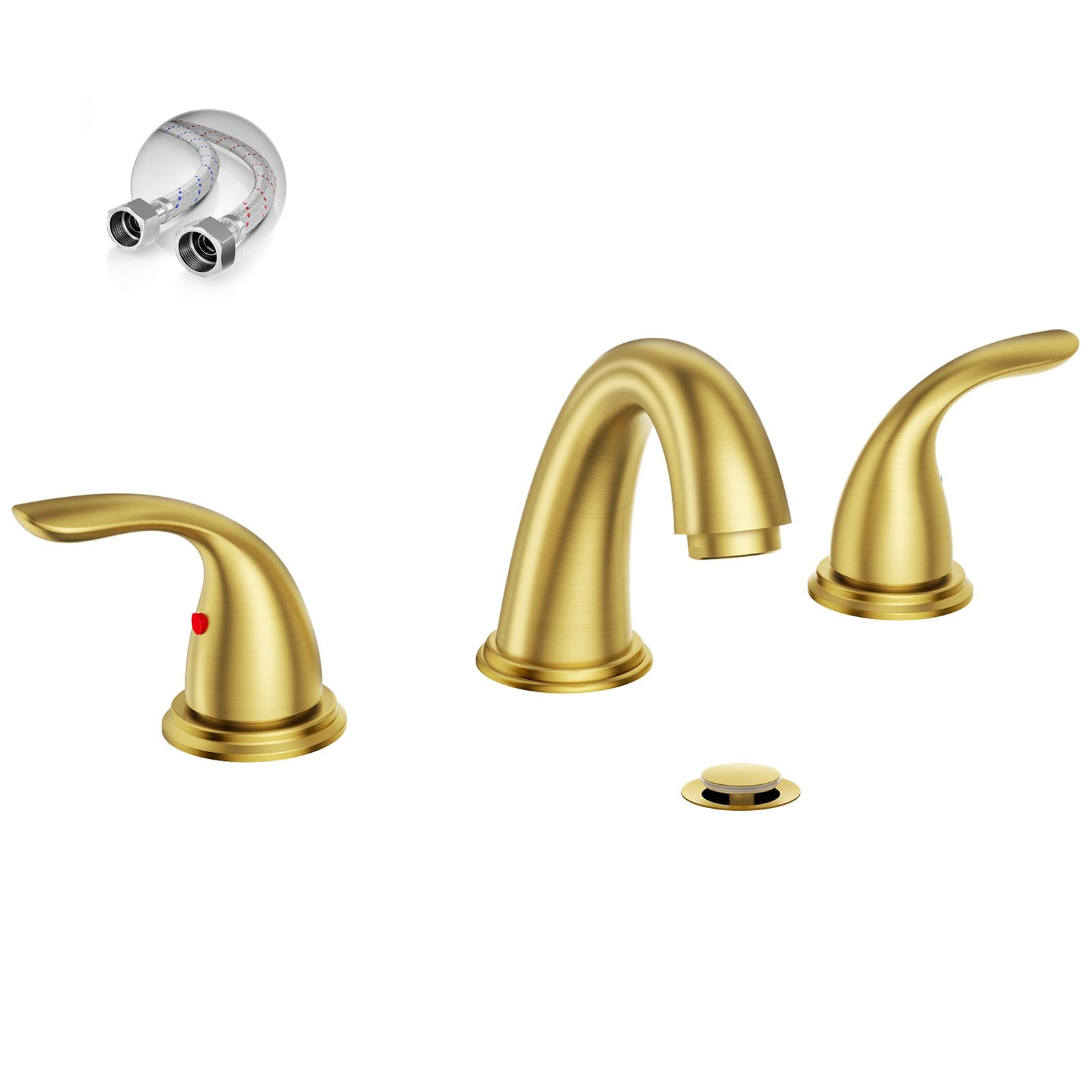 Phiestina 8 Inch Brushed Gold Widespread 2-Handle 3 Hole Bathroom Faucet with Metal Pop-Up Drain Assembly, Low Arc Bathroom Sink Faucet,WF008-5-BG